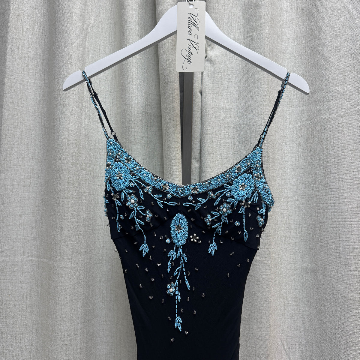 Blue and Black Silk Floral Beaded Asymmetrical Tassel Knee-Length Dress