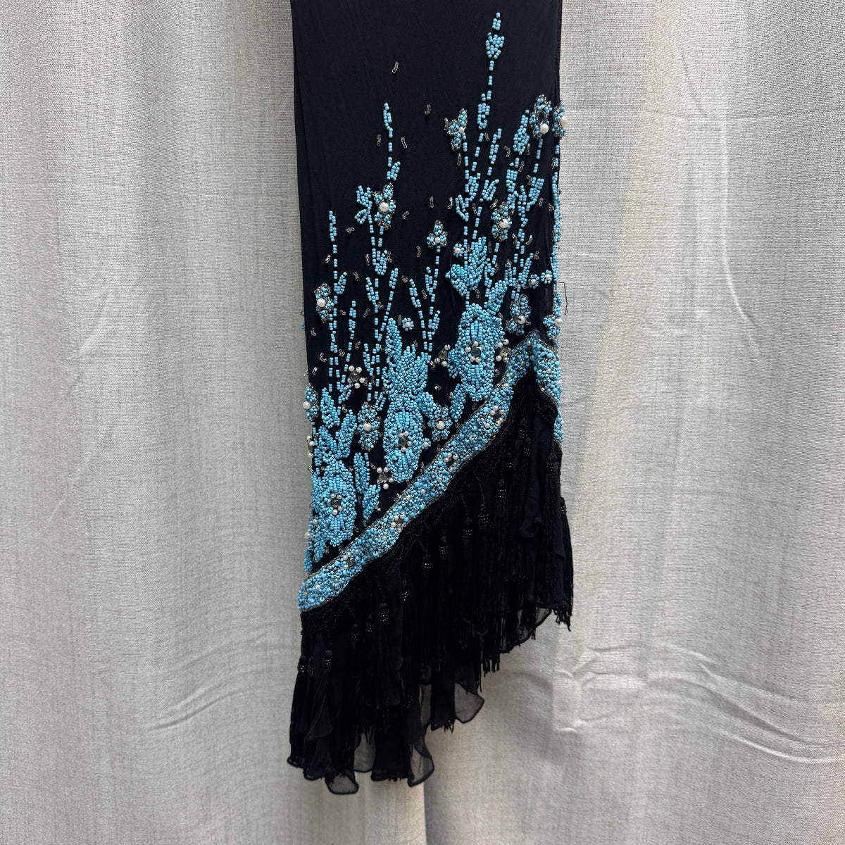 Blue and Black Silk Floral Beaded Asymmetrical Tassel Knee-Length Dress