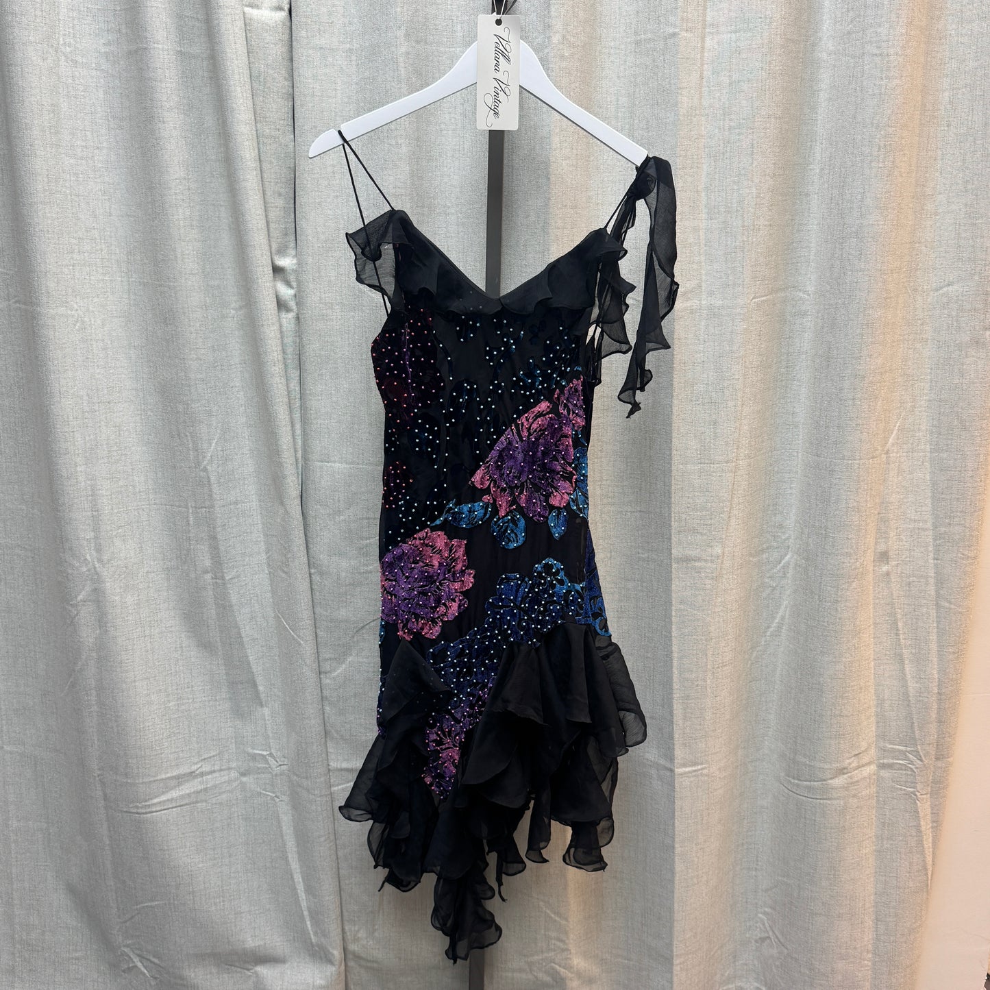 Velvet Floral Beaded Midi Dress with Asymmetrical Hem