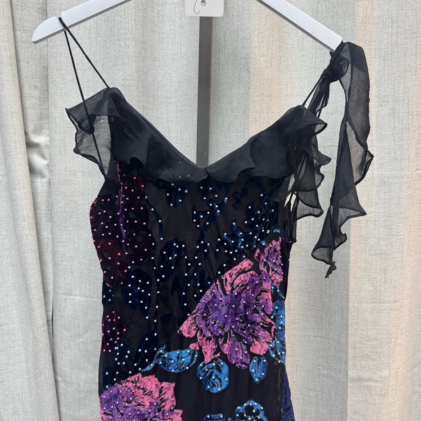 Velvet Floral Beaded Midi Dress with Asymmetrical Hem