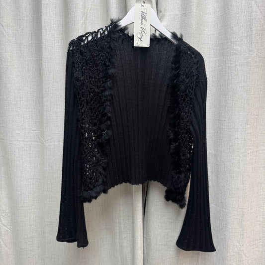 Black Open-knit Cardigan with Rabbit Fur Trim