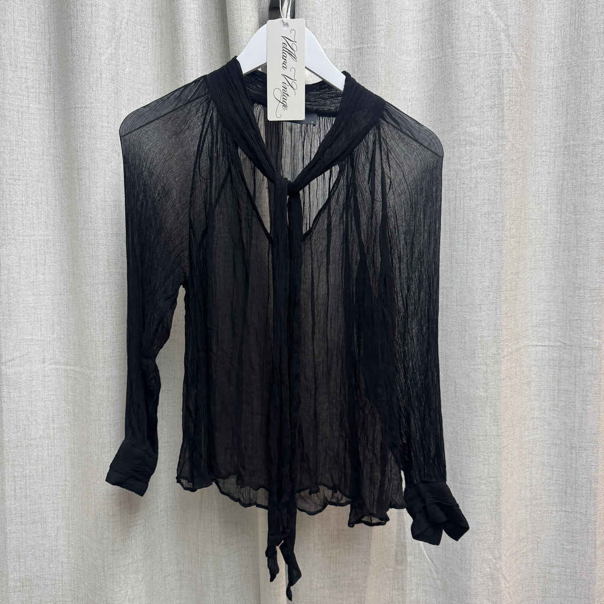 Black Sheer Silk Tie Neck Long Sleeve Blouse