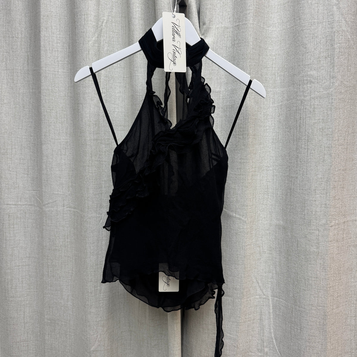 Black Silk Halterneck Floral Ruffle Tank Top