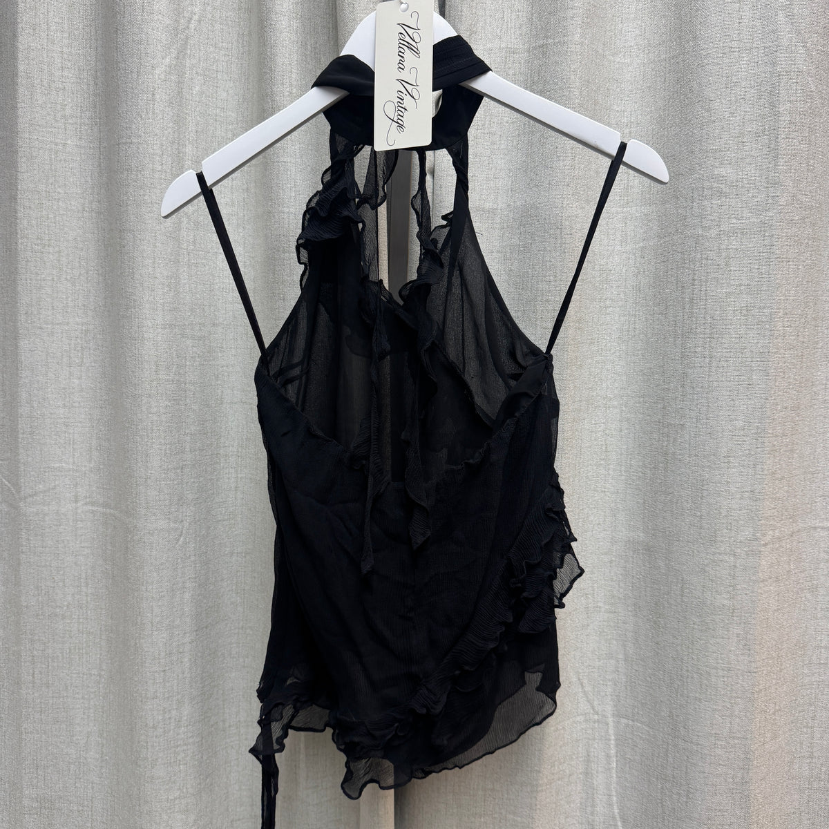 Black Silk Halterneck Floral Ruffle Tank Top