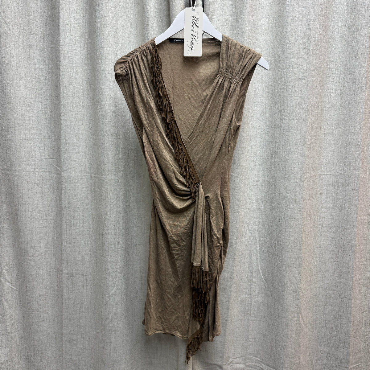 Paola Frani Brown Fringe V-Neck Ruched Midi Dress