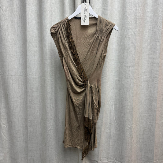 Paola Frani Brown Fringe V-Neck Ruched Midi Dress