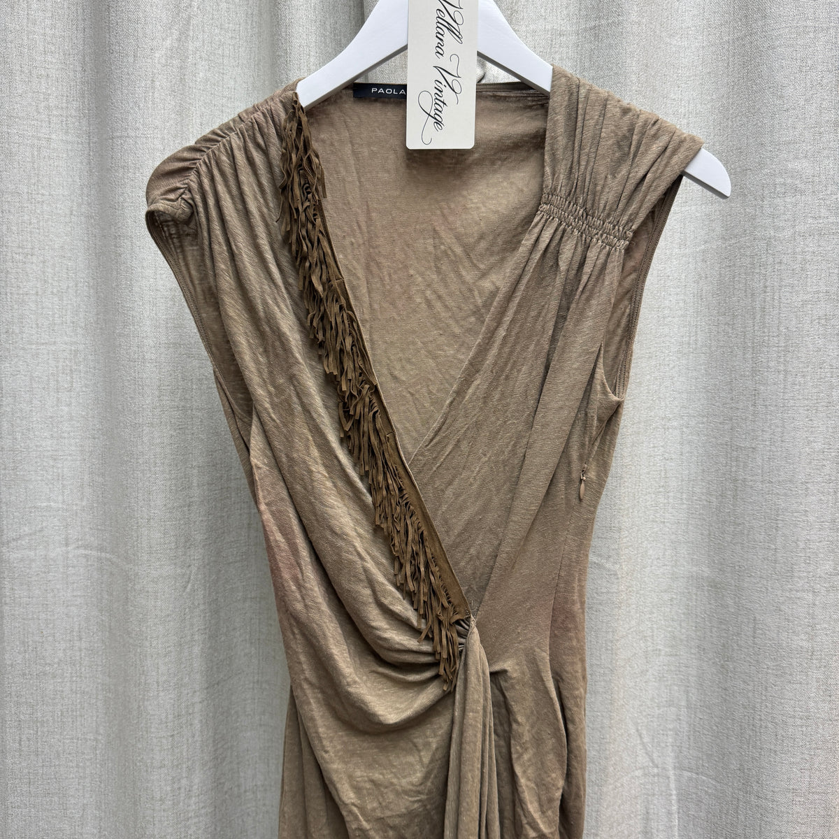 Paola Frani Brown Fringe V-Neck Ruched Midi Dress