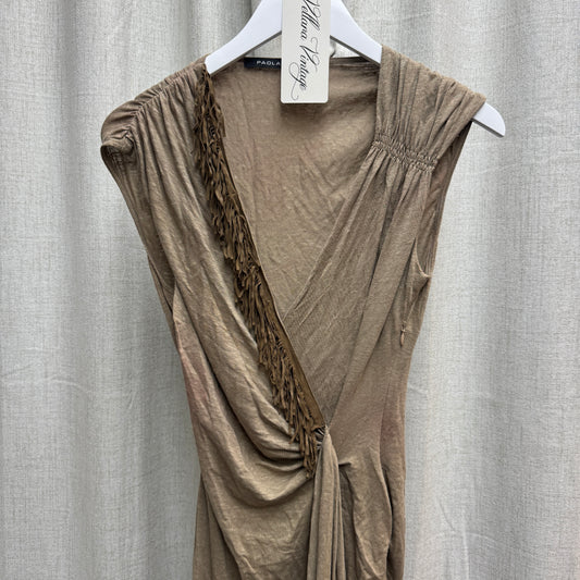 Paola Frani Brown Fringe V-Neck Ruched Midi Dress