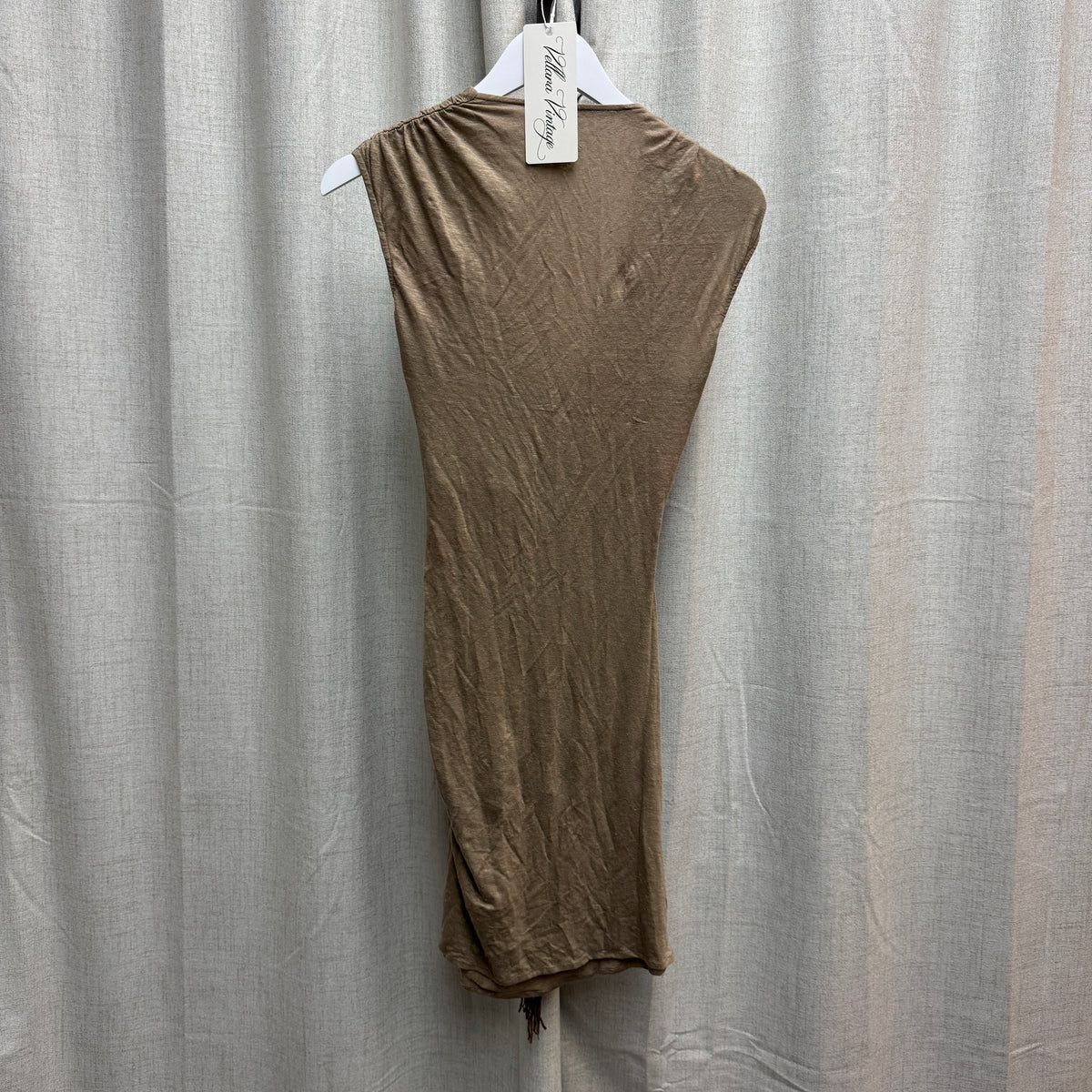 Paola Frani Brown Fringe V-Neck Ruched Midi Dress