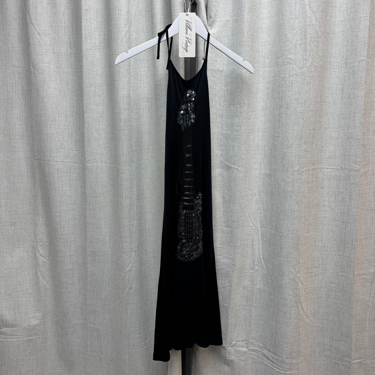 Black & Silver Sequin Guitar Graphic Backless Halter Midi Dress