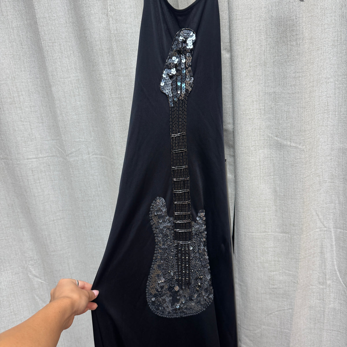 Black & Silver Sequin Guitar Graphic Backless Halter Midi Dress