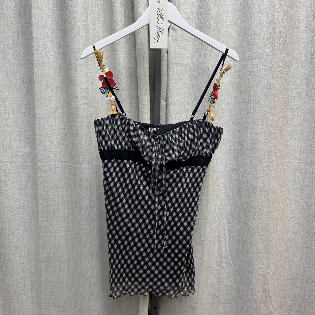 Fuego Gingham Tank Top w/ Floral Appliqué Straps