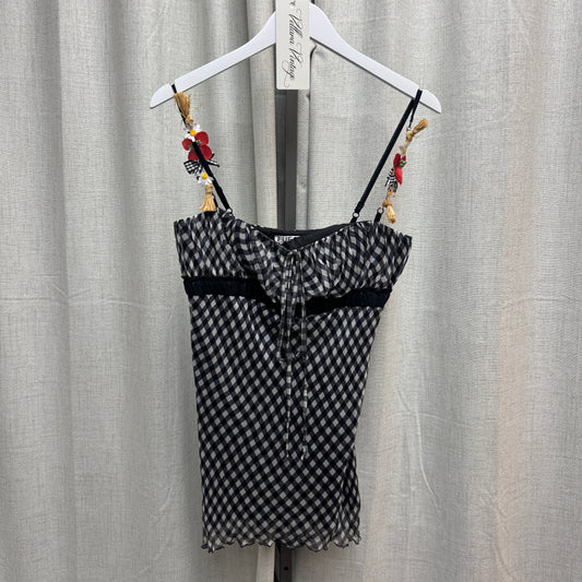 Fuego Gingham Tank Top w/ Floral Appliqué Straps