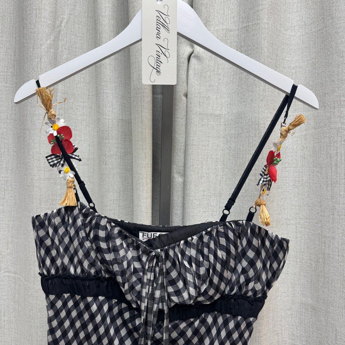 Fuego Gingham Tank Top w/ Floral Appliqué Straps