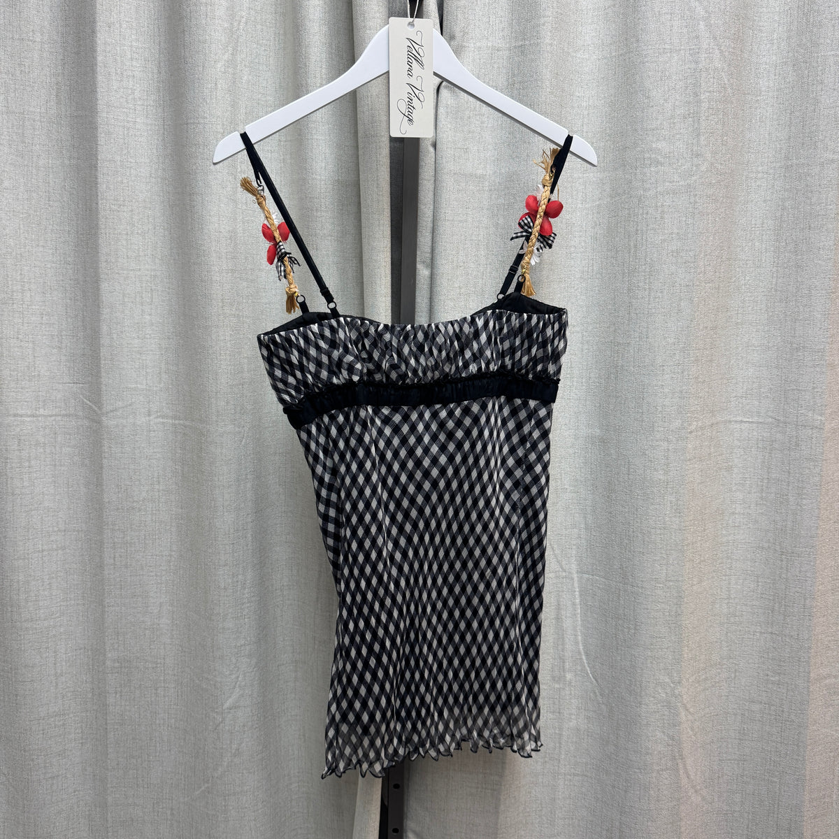 Fuego Gingham Tank Top w/ Floral Appliqué Straps