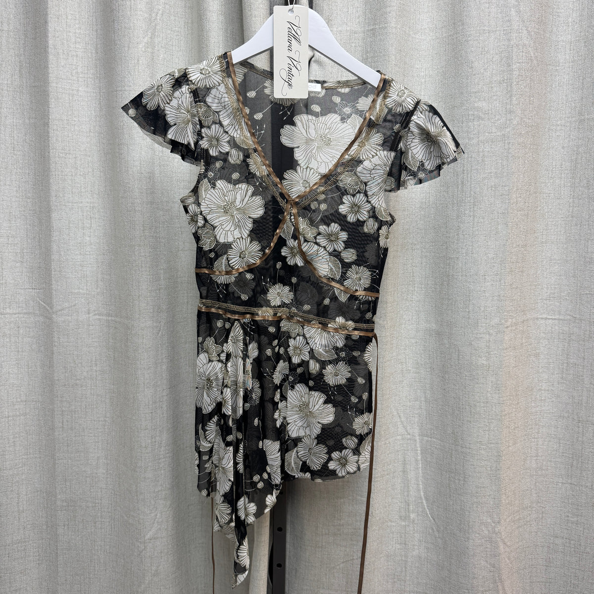 Promod Sheer White Floral V-Neck Asymmetrical Blouse