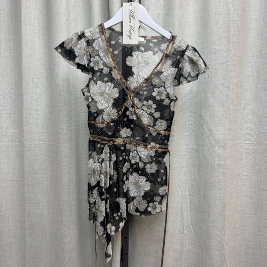 Promod Sheer White Floral V-Neck Asymmetrical Blouse