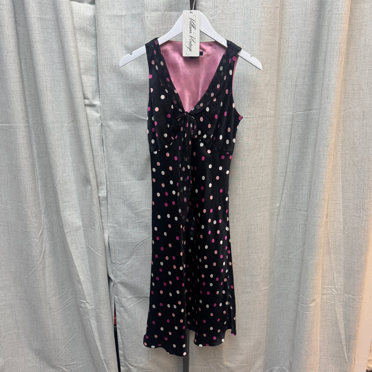 Y2K Silk Black and Pink Polka Dot Midi Dress
