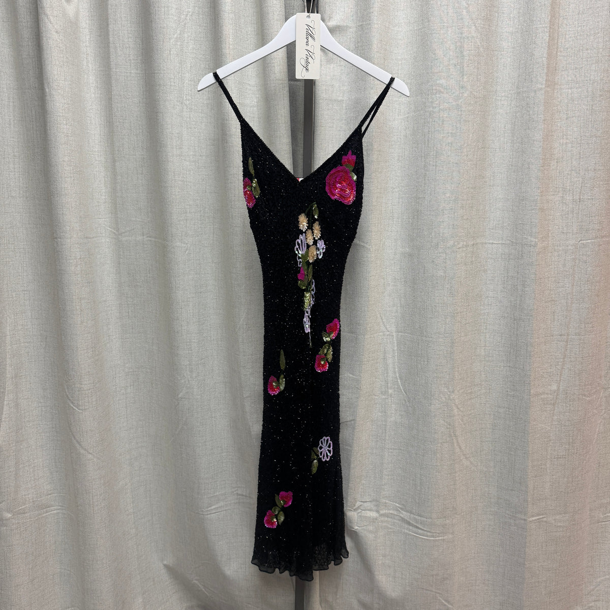 Aftershock Black Silk Beaded Rose Sequin V-Neck Midi Dress