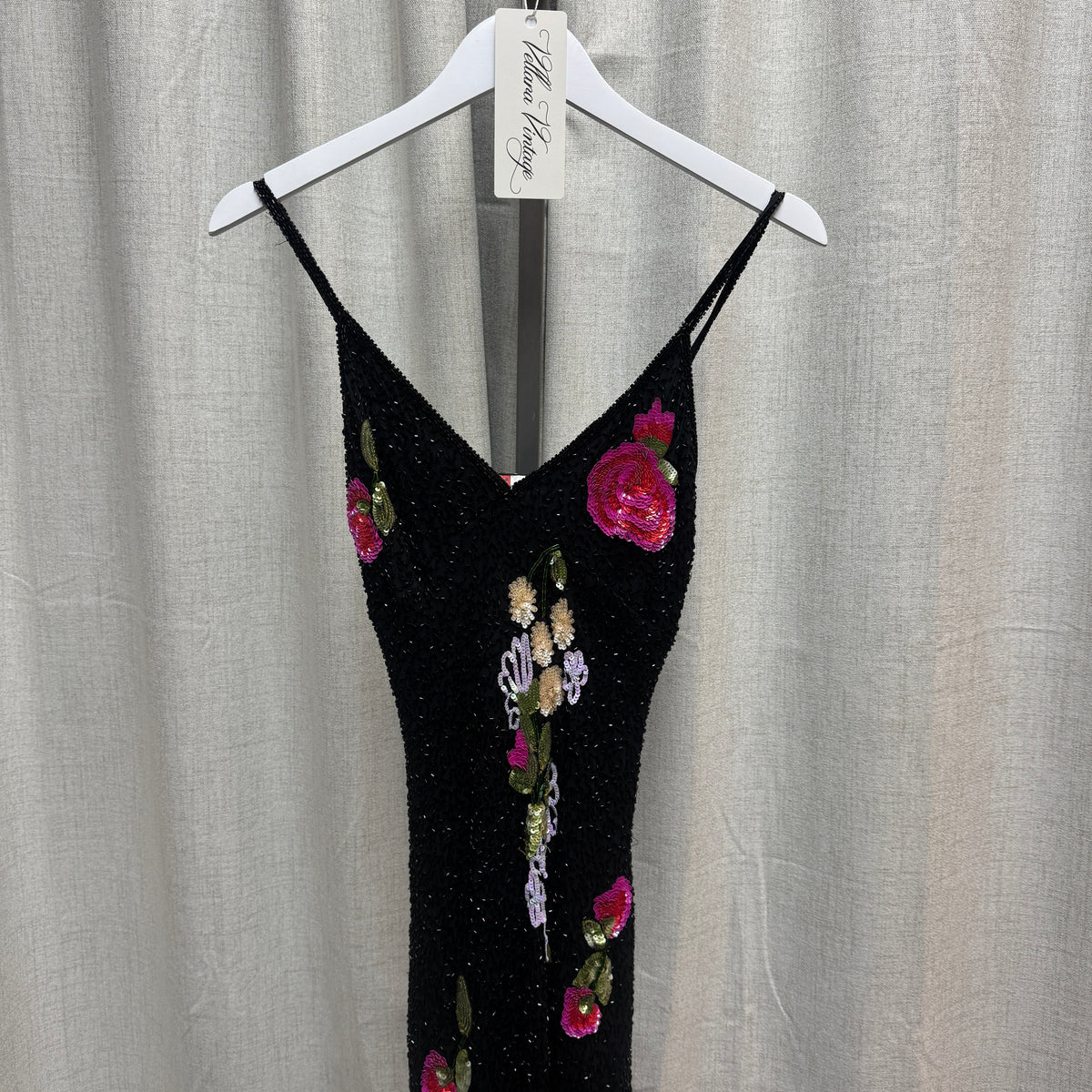 Aftershock Black Silk Beaded Rose Sequin V-Neck Midi Dress