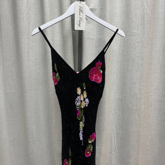 Aftershock Black Silk Beaded Rose Sequin V-Neck Midi Dress