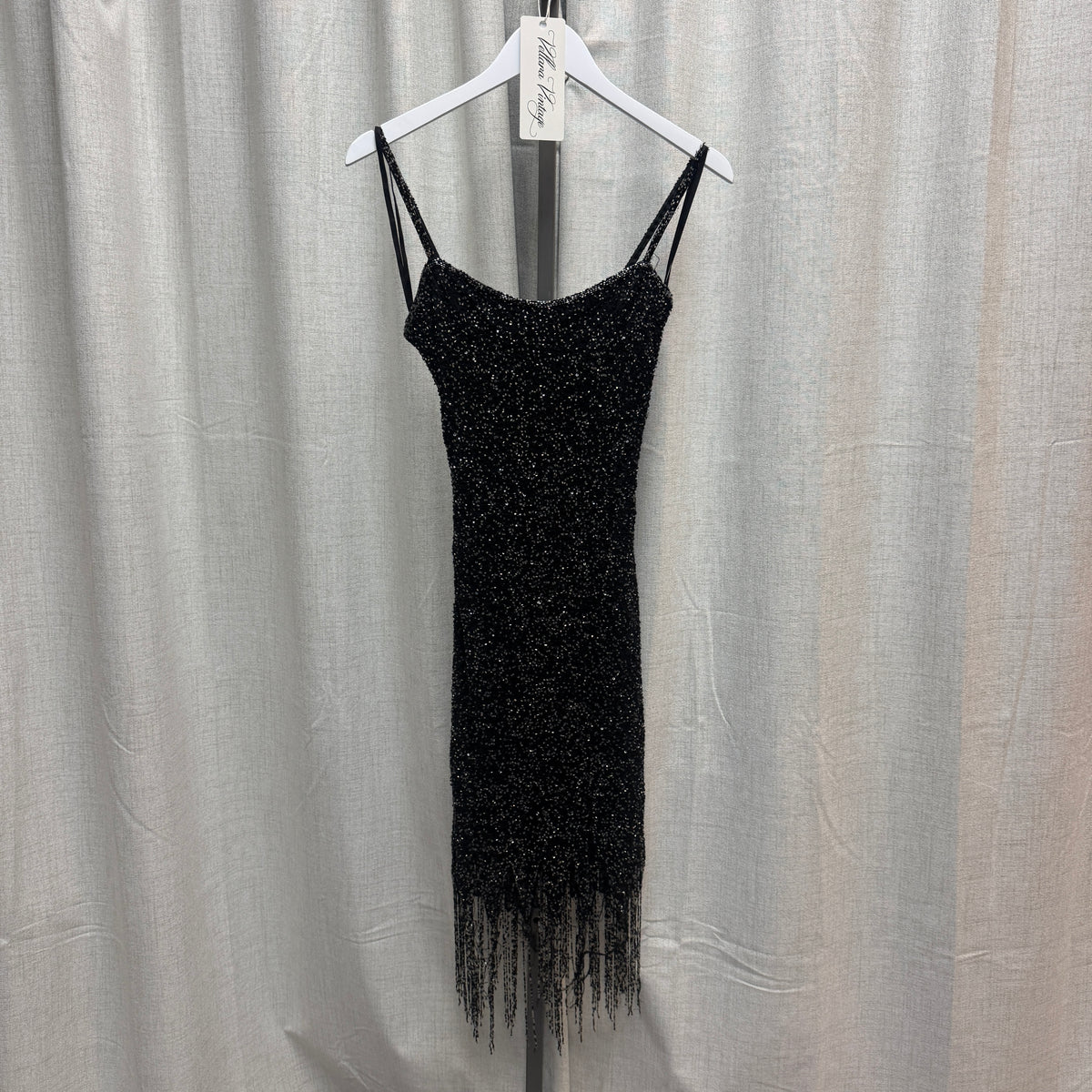 Aftershock Black Silk Beaded Tassel Midi Dress