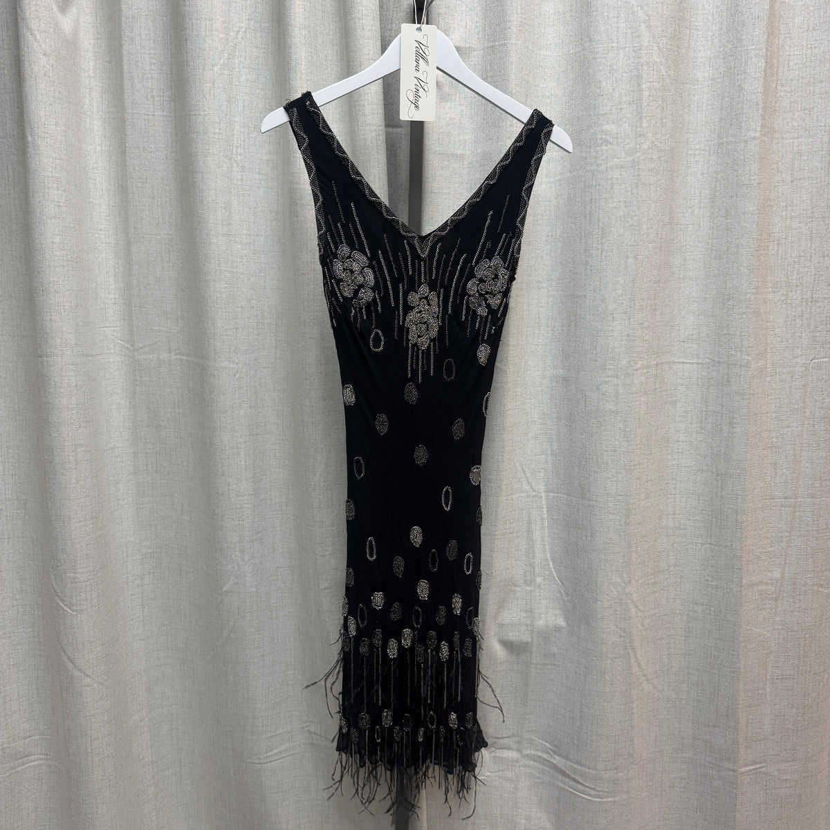 Black & Silver Chain Detail Feather Knee-Length Dress