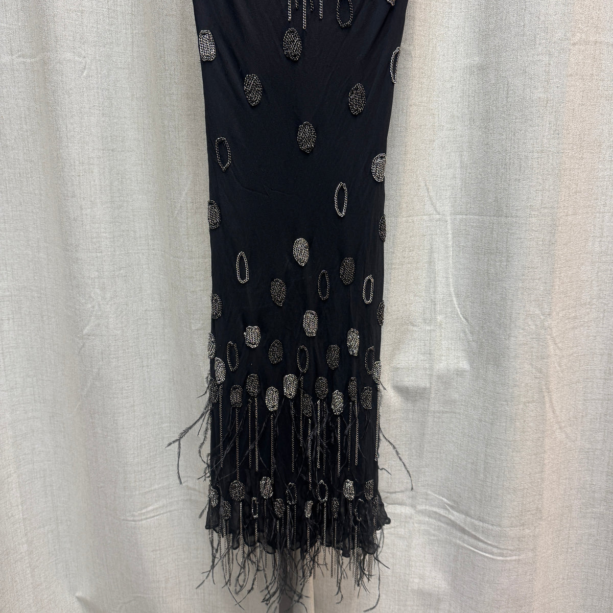 Black & Silver Chain Detail Feather Knee-Length Dress