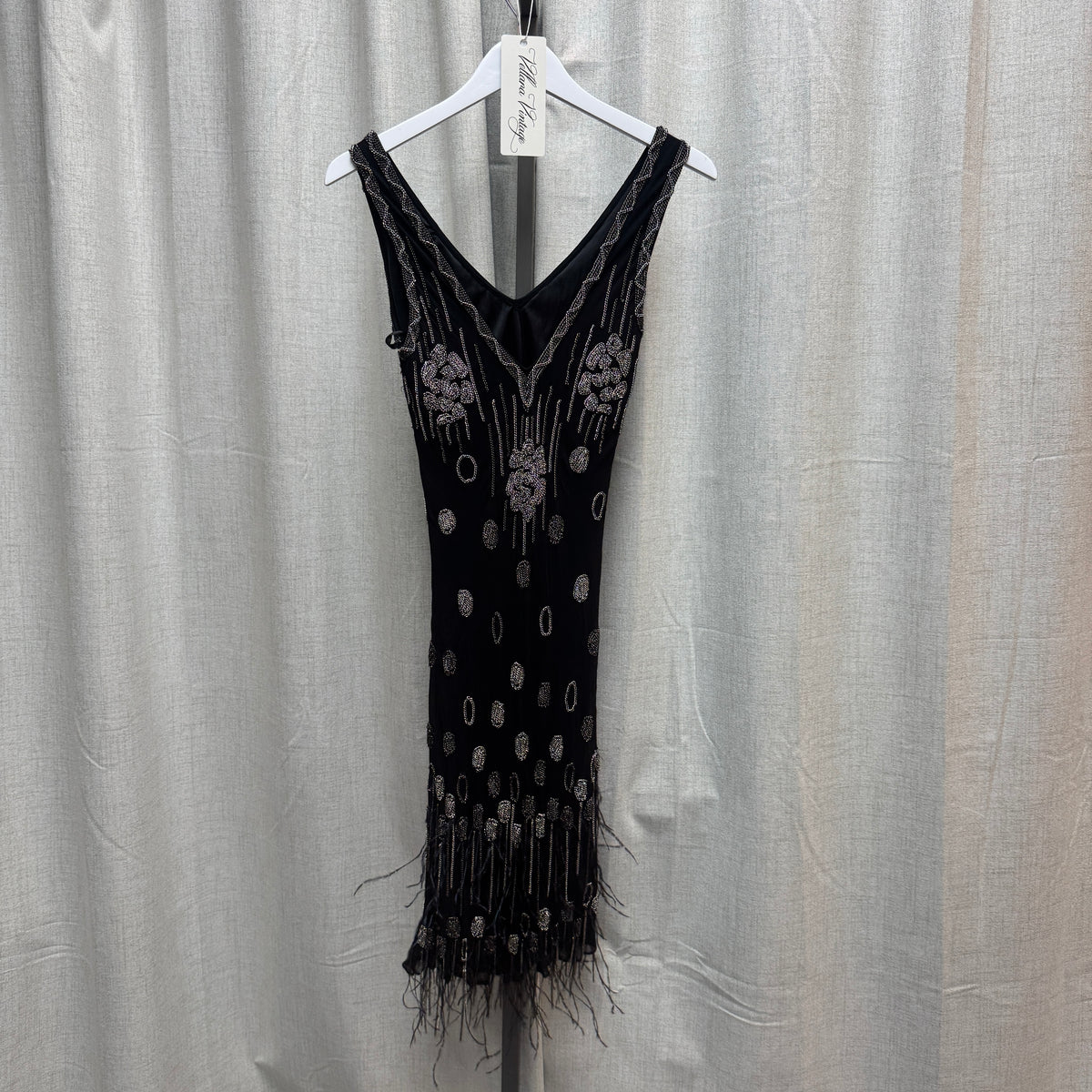 Black & Silver Chain Detail Feather Knee-Length Dress