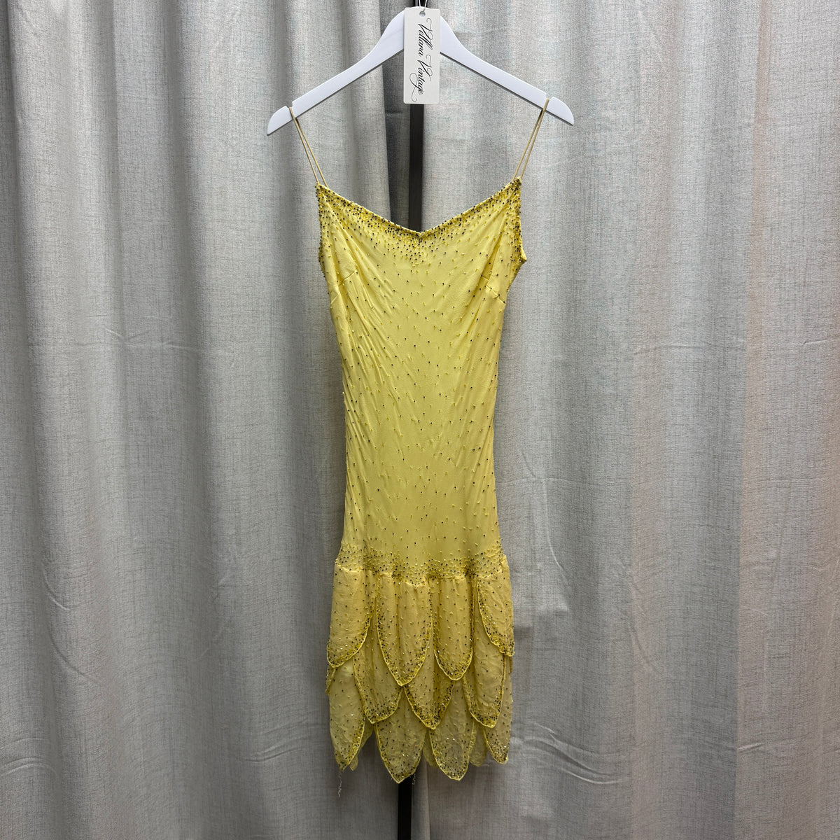 Yellow Silk Beaded Tiered Midi Dress
