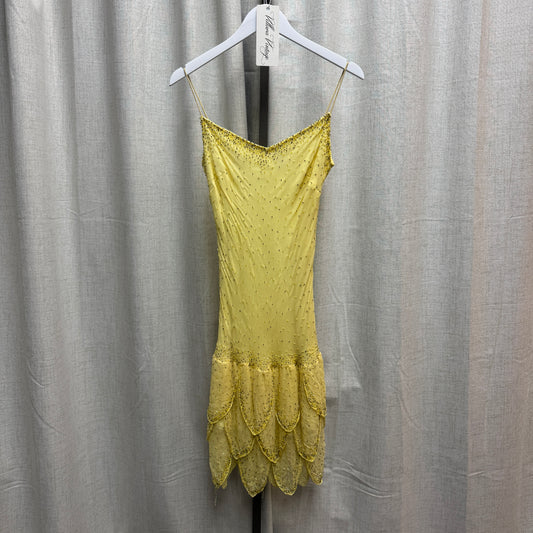 Yellow Silk Beaded Tiered Midi Dress