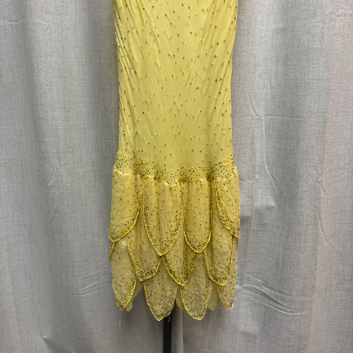 Yellow Silk Beaded Tiered Midi Dress