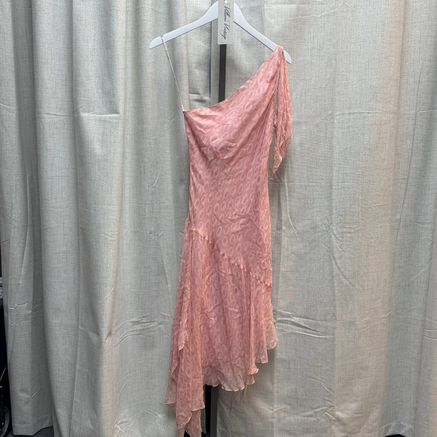 Pink Patterned One Shoulder Silk Midi Dress