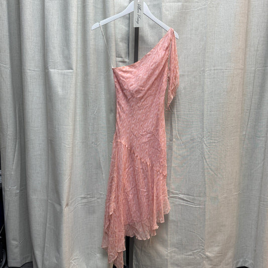 Pink Patterned One Shoulder Silk Midi Dress
