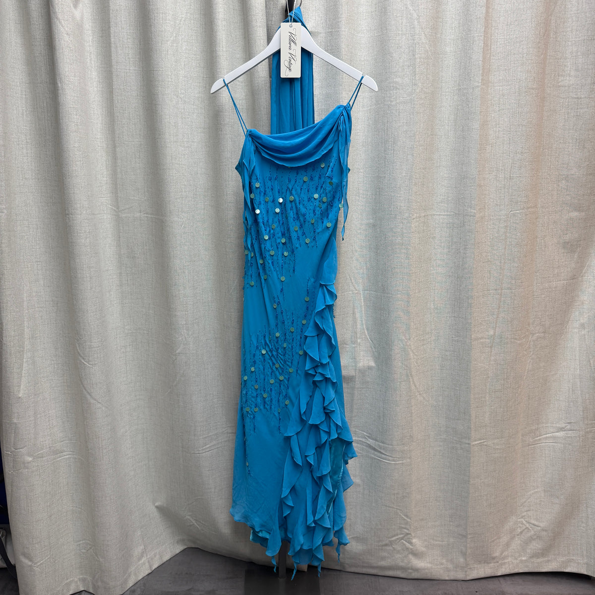 Blue Silk Cowl Neck Ruffle Beaded Maxi Dress w/ Scarf