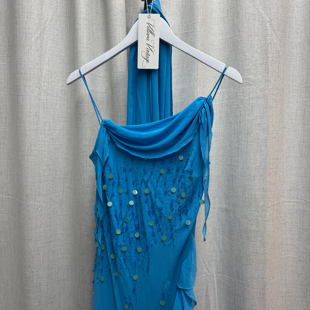 Blue Silk Cowl Neck Ruffle Beaded Maxi Dress w/ Scarf