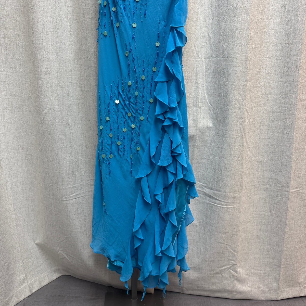 Blue Silk Cowl Neck Ruffle Beaded Maxi Dress w/ Scarf
