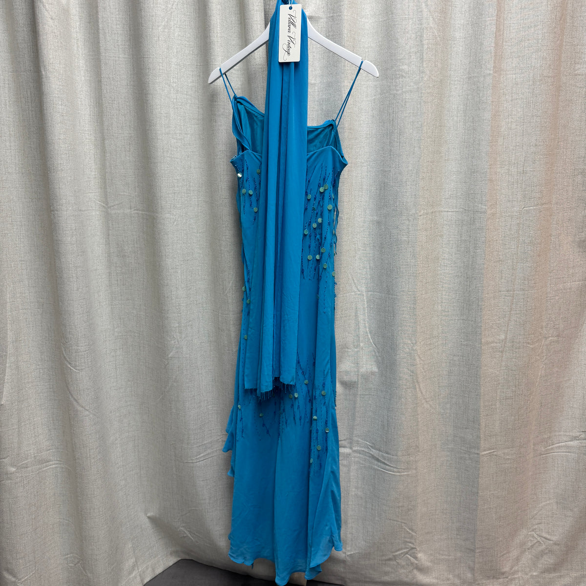 Blue Silk Cowl Neck Ruffle Beaded Maxi Dress w/ Scarf