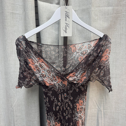 Brown Silk Paisley Floral Midi Dress