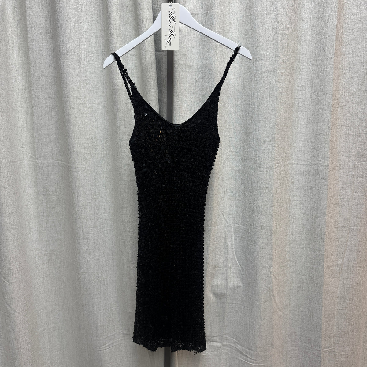Morgan de Toi Black Sequin Crochet Mini Dress and Cardigan Set