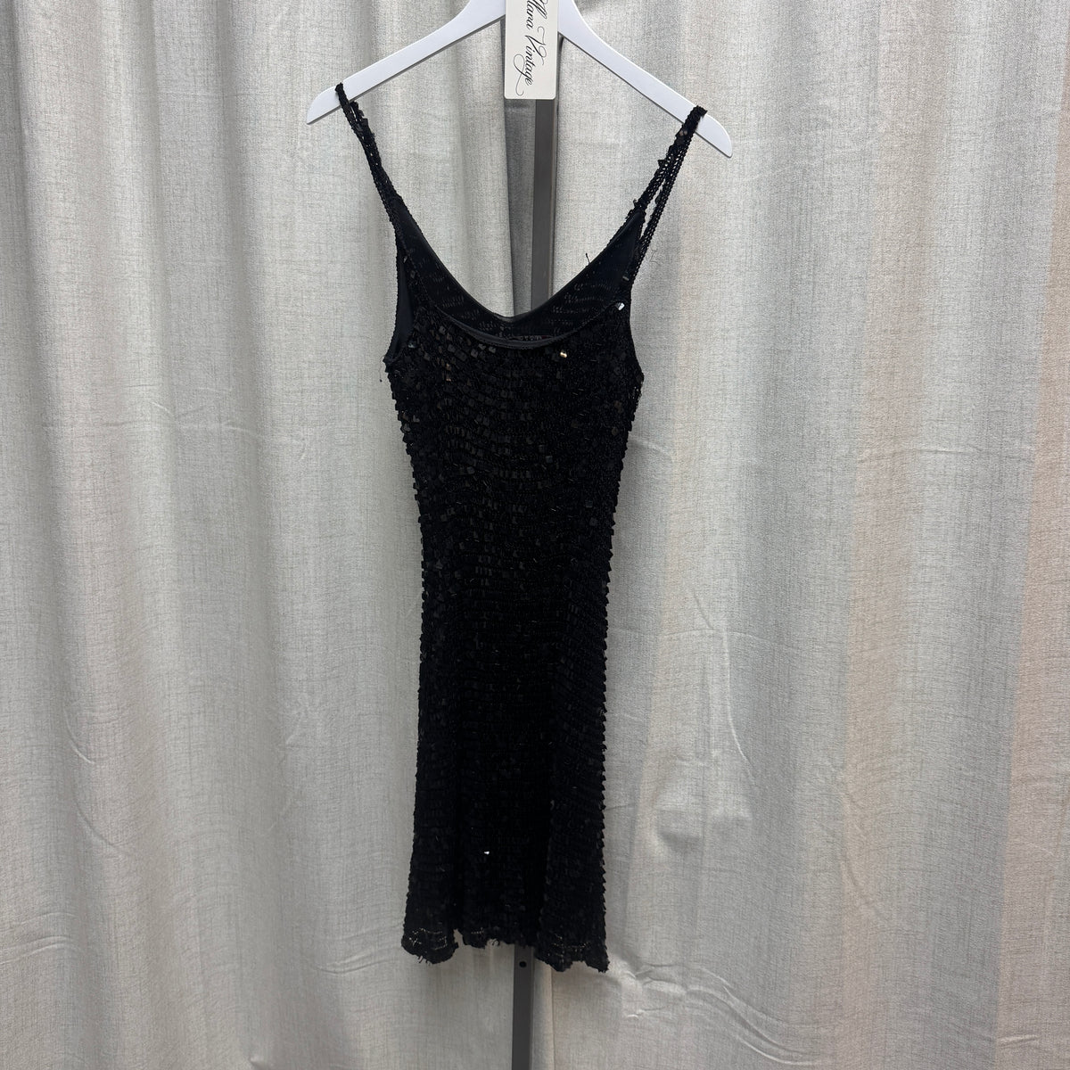 Morgan de Toi Black Sequin Crochet Mini Dress and Cardigan Set
