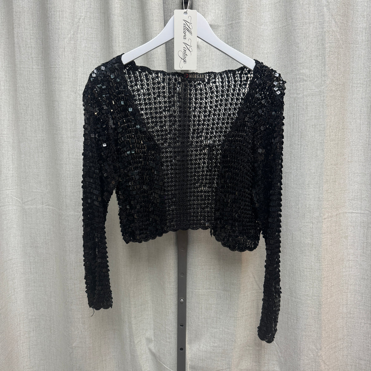 Morgan de Toi Black Sequin Crochet Mini Dress and Cardigan Set