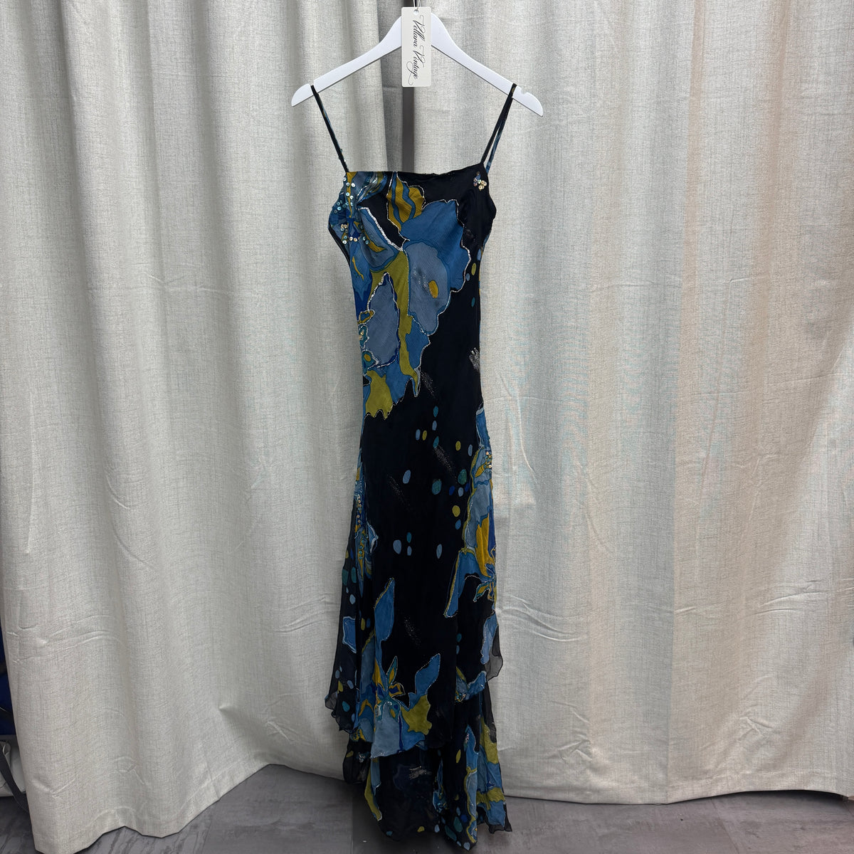 Black & Blue Floral Silk Maxi Dress