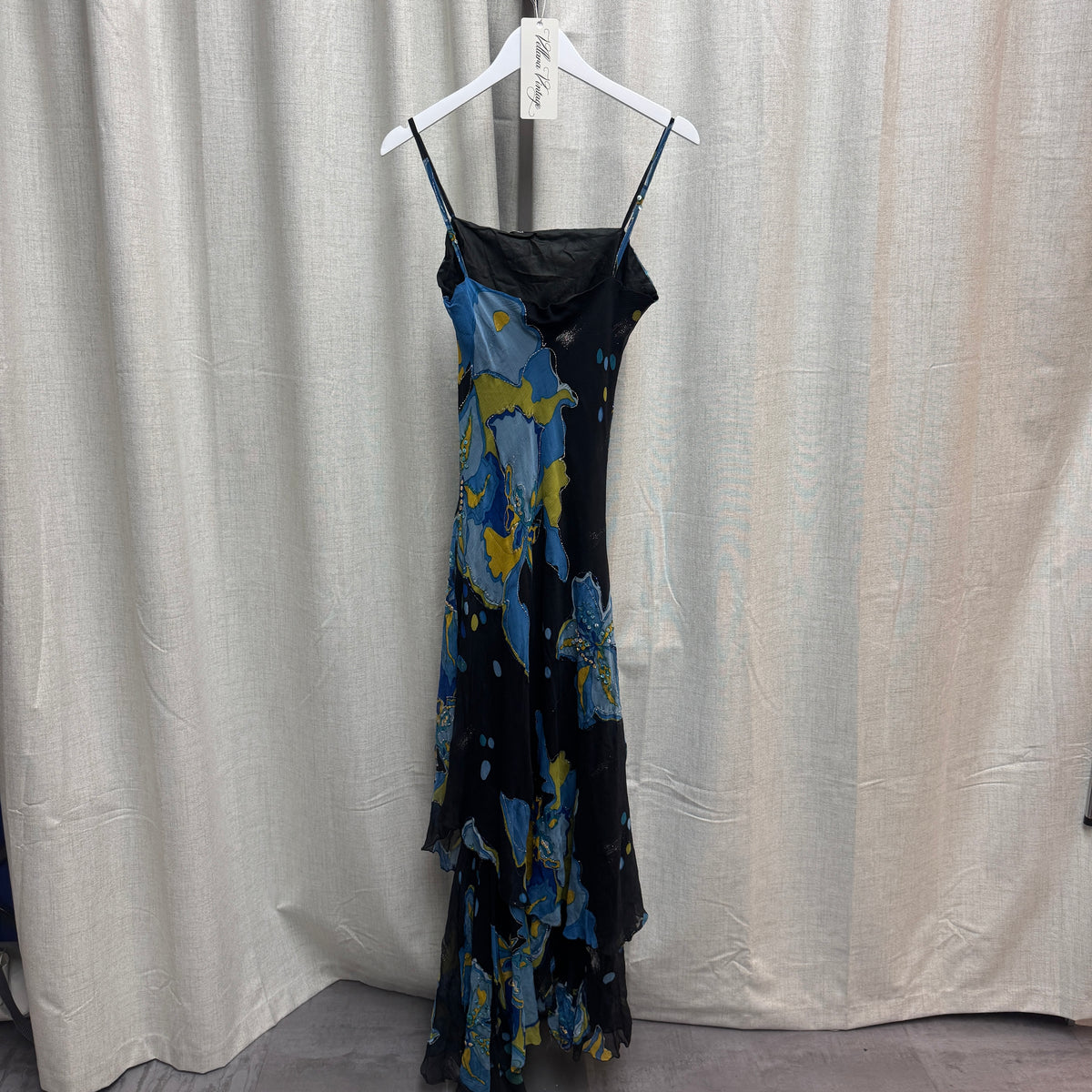 Black & Blue Floral Silk Maxi Dress