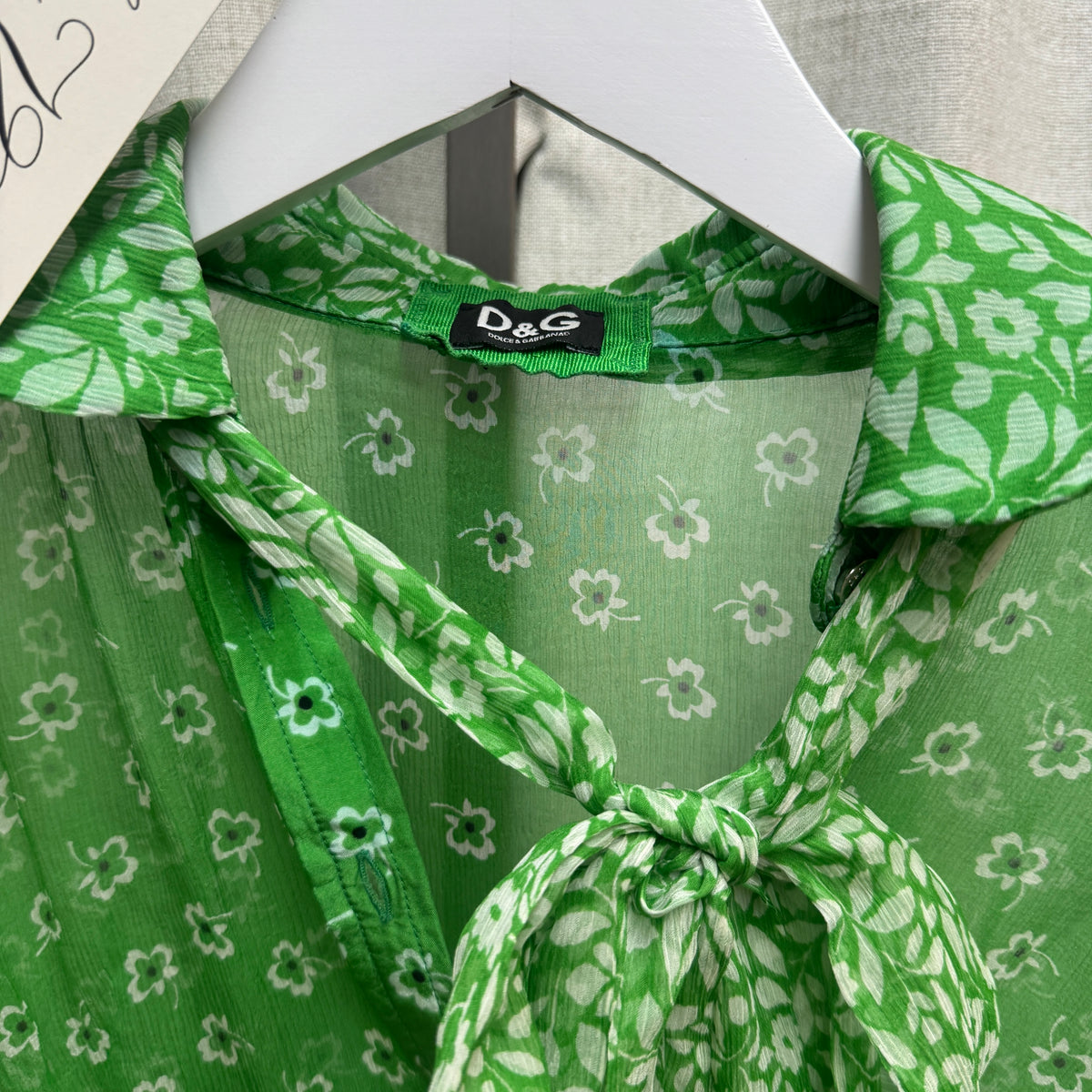 D&G Green Printed Silk Neck Tie Detail Top