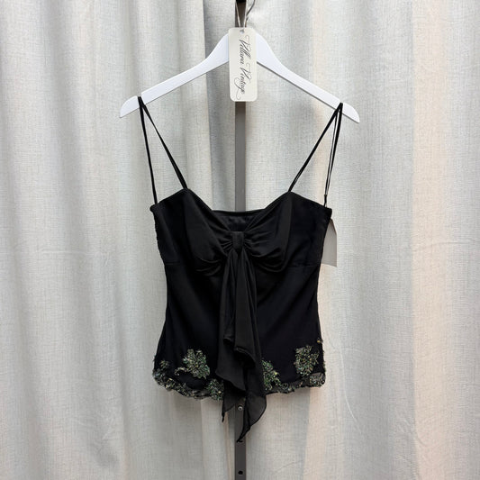 Black 100% Silk Front Tie Top with Green Beading