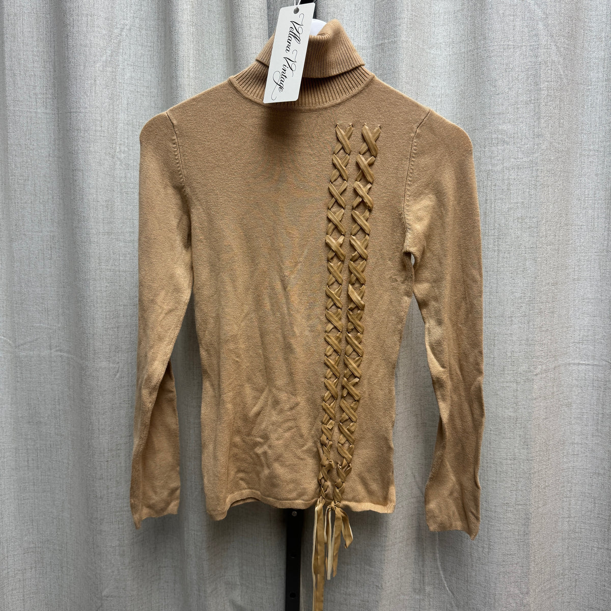 Tan Lace Up Ribbon Turtleneck Long Sleeve Sweater