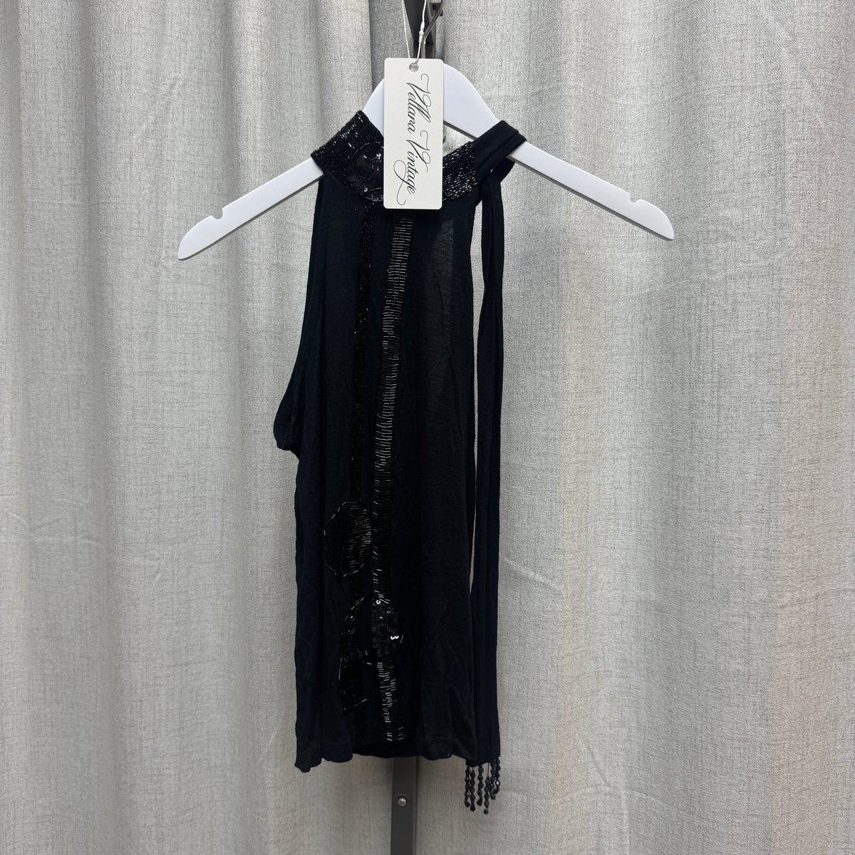Black Sequin Tie Mockneck Halter Tank Top