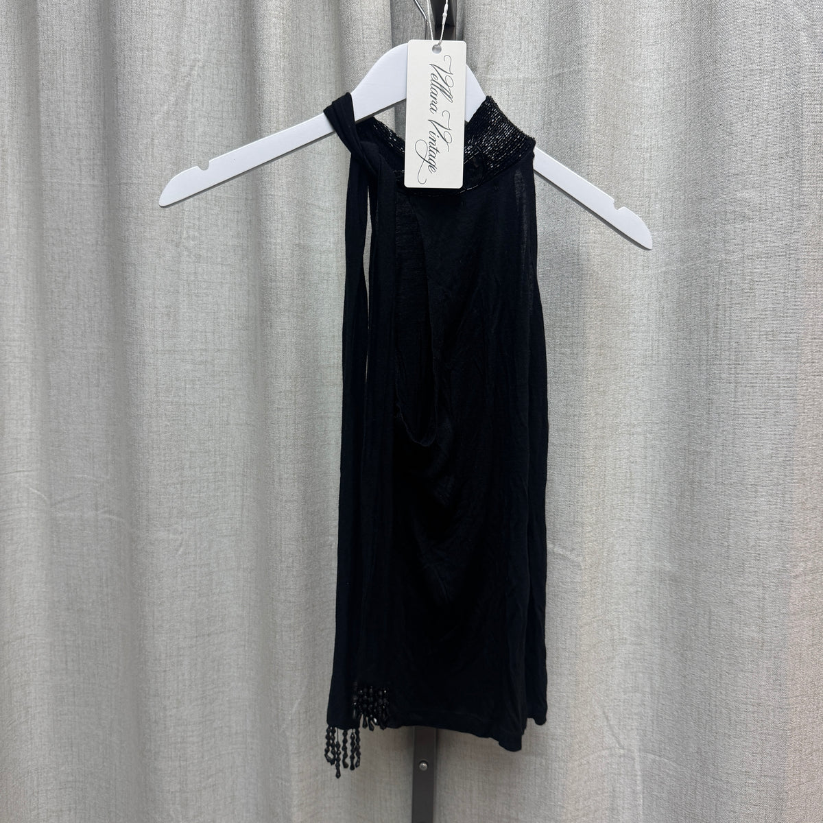 Black Sequin Tie Mockneck Halter Tank Top