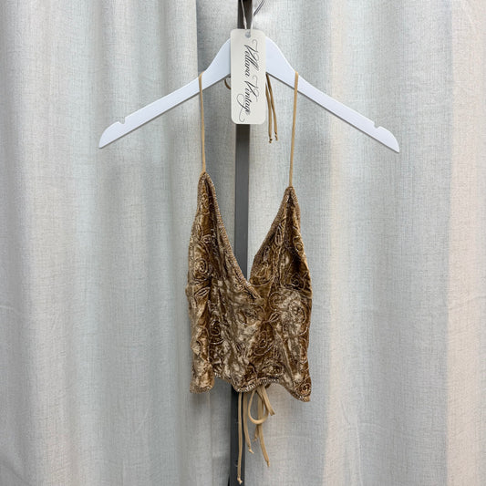 Passport Tan Crushed Velvet Beaded Open-back Halter Top